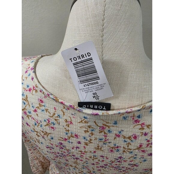 Torrid Floral Print Ribbed Peplum Long Sleeve Top S M/L Cream/Pink/Blue Stretch - Picture 5 of 5